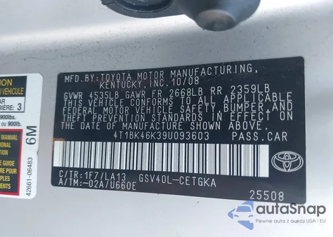 2009 Toyota Camry Xle V6 из США, поврежденный, VIN 4T1BK46K39U093603